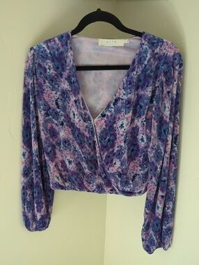 Astr Purple and Pink Ribbed Wrap Blouse